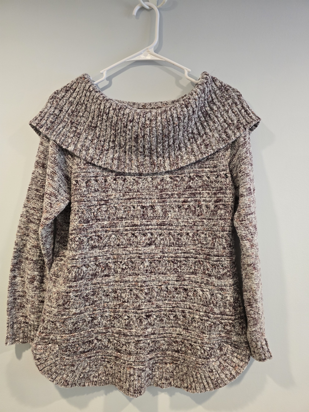 Christopher & Banks Marled Off-Shoulder Sweater in Cream Burgandy and Brown